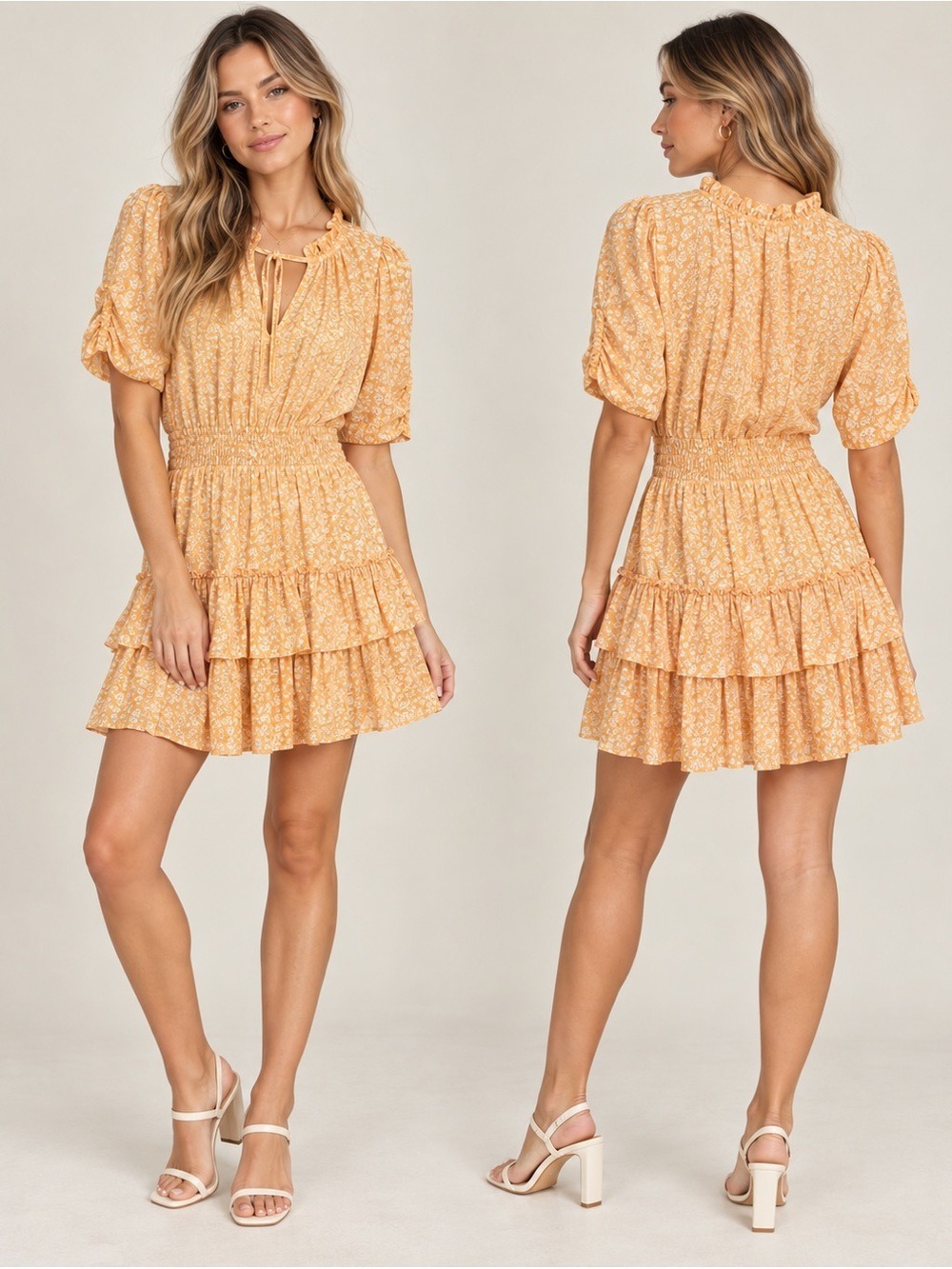 Lush Tiered Ruffle Mini Dress in Yellow Mango Ditsy Floral Print